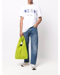 weißes und dunkelblaues bedrucktes T-Shirt mit einem Rundhalsausschnitt von MSGM