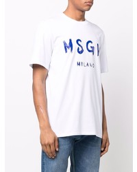 weißes und dunkelblaues bedrucktes T-Shirt mit einem Rundhalsausschnitt von MSGM