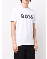 weißes und dunkelblaues bedrucktes T-Shirt mit einem Rundhalsausschnitt von BOSS