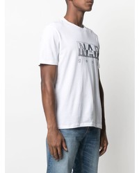 weißes und dunkelblaues bedrucktes T-Shirt mit einem Rundhalsausschnitt von Napapijri