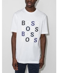 weißes und dunkelblaues bedrucktes T-Shirt mit einem Rundhalsausschnitt von BOSS