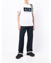 weißes und dunkelblaues bedrucktes T-Shirt mit einem Rundhalsausschnitt von Armani Exchange