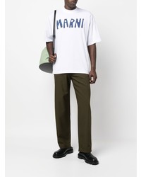 weißes und dunkelblaues bedrucktes T-Shirt mit einem Rundhalsausschnitt von Marni