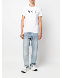 weißes und dunkelblaues bedrucktes T-Shirt mit einem Rundhalsausschnitt von Polo Ralph Lauren