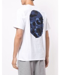 weißes und dunkelblaues bedrucktes T-Shirt mit einem Rundhalsausschnitt von A Bathing Ape