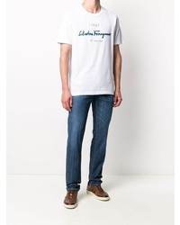 weißes und dunkelblaues bedrucktes T-Shirt mit einem Rundhalsausschnitt von Salvatore Ferragamo