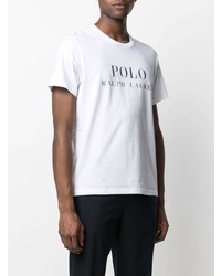 weißes und dunkelblaues bedrucktes T-Shirt mit einem Rundhalsausschnitt von Polo Ralph Lauren