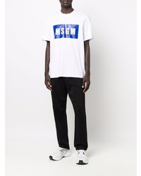 weißes und dunkelblaues bedrucktes T-Shirt mit einem Rundhalsausschnitt von MSGM