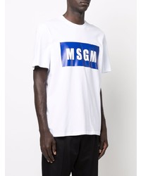 weißes und dunkelblaues bedrucktes T-Shirt mit einem Rundhalsausschnitt von MSGM