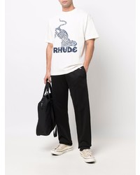 weißes und dunkelblaues bedrucktes T-Shirt mit einem Rundhalsausschnitt von Rhude