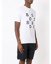 weißes und dunkelblaues bedrucktes T-Shirt mit einem Rundhalsausschnitt von BOSS