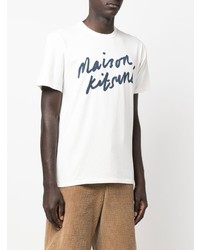 weißes und dunkelblaues bedrucktes T-Shirt mit einem Rundhalsausschnitt von MAISON KITSUNÉ