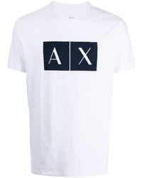 weißes und dunkelblaues bedrucktes T-Shirt mit einem Rundhalsausschnitt von Armani Exchange