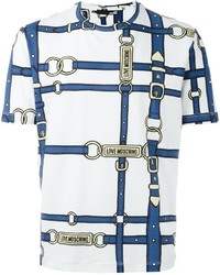 weißes und dunkelblaues bedrucktes T-Shirt mit einem Rundhalsausschnitt von Love Moschino