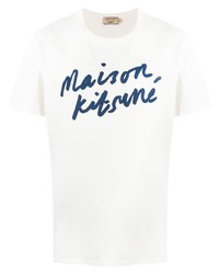 weißes und dunkelblaues bedrucktes T-Shirt mit einem Rundhalsausschnitt von MAISON KITSUNÉ