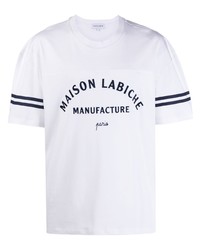 weißes und dunkelblaues bedrucktes T-Shirt mit einem Rundhalsausschnitt von Maison Labiche