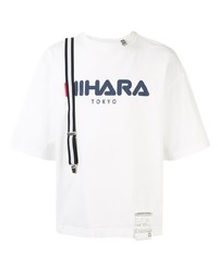 weißes und dunkelblaues bedrucktes T-Shirt mit einem Rundhalsausschnitt von Maison Mihara Yasuhiro