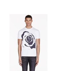 weißes und dunkelblaues bedrucktes T-Shirt mit einem Rundhalsausschnitt von Markus Lupfer