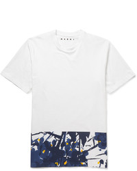 weißes und dunkelblaues bedrucktes T-Shirt mit einem Rundhalsausschnitt von Marni