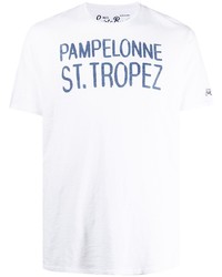 weißes und dunkelblaues bedrucktes T-Shirt mit einem Rundhalsausschnitt von MC2 Saint Barth