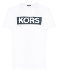weißes und dunkelblaues bedrucktes T-Shirt mit einem Rundhalsausschnitt von Michael Kors