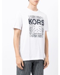 weißes und dunkelblaues bedrucktes T-Shirt mit einem Rundhalsausschnitt von Michael Kors