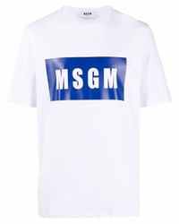 weißes und dunkelblaues bedrucktes T-Shirt mit einem Rundhalsausschnitt von MSGM