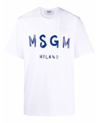 weißes und dunkelblaues bedrucktes T-Shirt mit einem Rundhalsausschnitt von MSGM