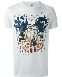 weißes und dunkelblaues bedrucktes T-Shirt mit einem Rundhalsausschnitt von Neil Barrett
