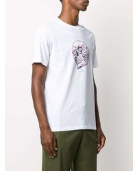 weißes und dunkelblaues bedrucktes T-Shirt mit einem Rundhalsausschnitt von Paul Smith