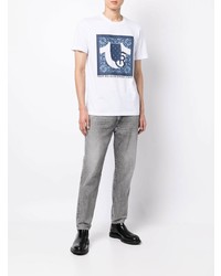 weißes und dunkelblaues bedrucktes T-Shirt mit einem Rundhalsausschnitt von True Religion