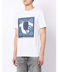 weißes und dunkelblaues bedrucktes T-Shirt mit einem Rundhalsausschnitt von True Religion