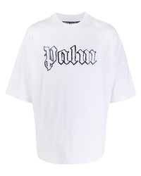 weißes und dunkelblaues bedrucktes T-Shirt mit einem Rundhalsausschnitt von Palm Angels