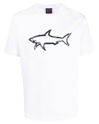 weißes und dunkelblaues bedrucktes T-Shirt mit einem Rundhalsausschnitt von Paul & Shark