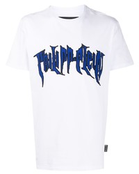 weißes und dunkelblaues bedrucktes T-Shirt mit einem Rundhalsausschnitt von Philipp Plein