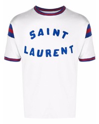 weißes und dunkelblaues bedrucktes T-Shirt mit einem Rundhalsausschnitt von Saint Laurent