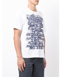 weißes und dunkelblaues bedrucktes T-Shirt mit einem Rundhalsausschnitt von Junya Watanabe MAN