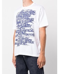 weißes und dunkelblaues bedrucktes T-Shirt mit einem Rundhalsausschnitt von Junya Watanabe