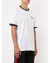 weißes und dunkelblaues bedrucktes T-Shirt mit einem Rundhalsausschnitt von Fila