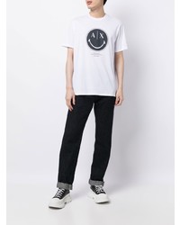 weißes und dunkelblaues bedrucktes T-Shirt mit einem Rundhalsausschnitt von Armani Exchange