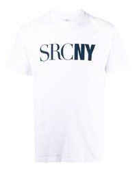 weißes und dunkelblaues bedrucktes T-Shirt mit einem Rundhalsausschnitt von Sporty & Rich