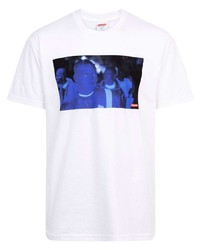 weißes und dunkelblaues bedrucktes T-Shirt mit einem Rundhalsausschnitt von Supreme