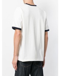 weißes und dunkelblaues bedrucktes T-Shirt mit einem Rundhalsausschnitt von Junya Watanabe Man X Levi's