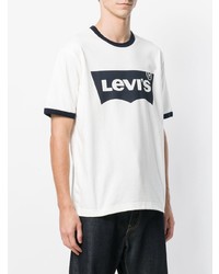 weißes und dunkelblaues bedrucktes T-Shirt mit einem Rundhalsausschnitt von Junya Watanabe Man X Levi's