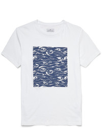weißes und dunkelblaues bedrucktes T-Shirt mit einem Rundhalsausschnitt