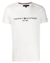 weißes und dunkelblaues bedrucktes T-Shirt mit einem Rundhalsausschnitt von Tommy Hilfiger