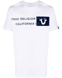 weißes und dunkelblaues bedrucktes T-Shirt mit einem Rundhalsausschnitt von True Religion