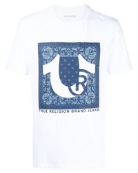 weißes und dunkelblaues bedrucktes T-Shirt mit einem Rundhalsausschnitt von True Religion