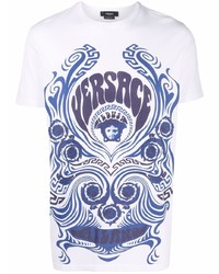 weißes und dunkelblaues bedrucktes T-Shirt mit einem Rundhalsausschnitt von Versace