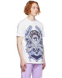 weißes und dunkelblaues bedrucktes T-Shirt mit einem Rundhalsausschnitt von Versace